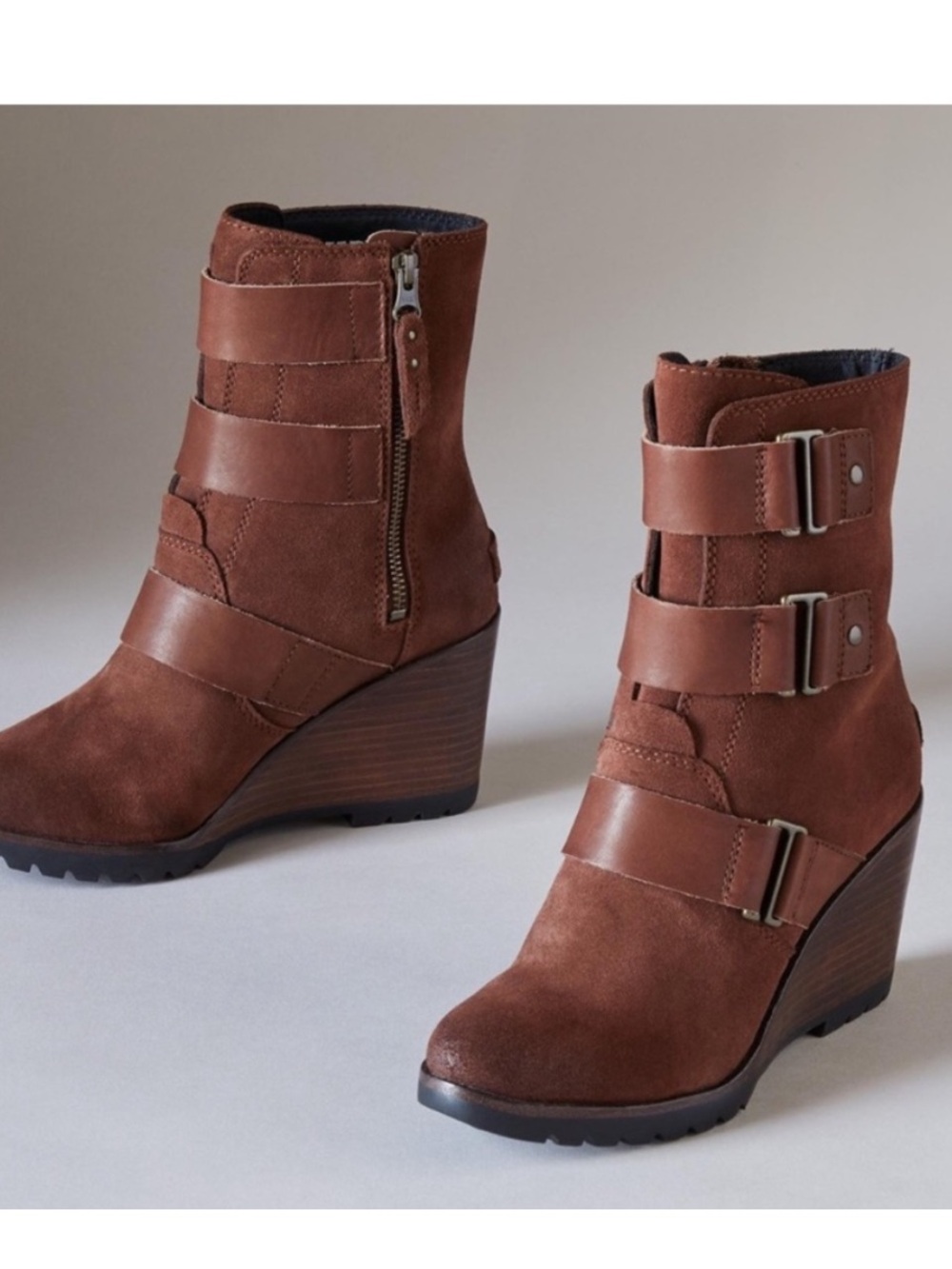 Sorel After Hours Burgundy Leather Suede Wedge Buckle Platform Boots Size 8.5
